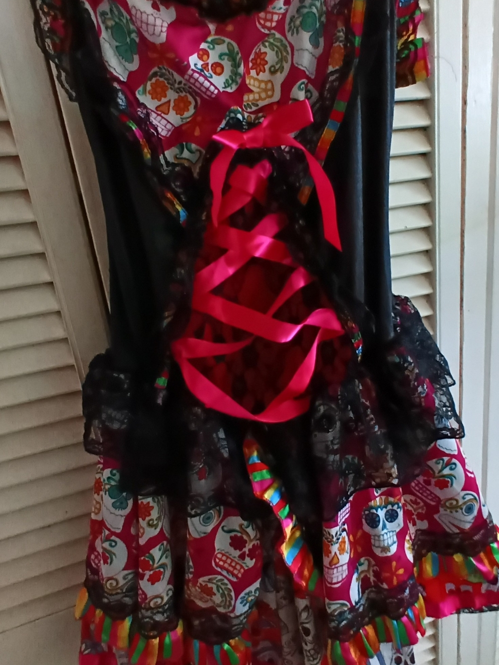 Pink Day of the Dead Skull Dress Costume with Black Lace